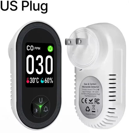 FABISENSE 4-in-1 Carbon Monoxide & Gas Detector - Plug-In CO Alarm with Gas Analyzer, Temperature & Humidity Display