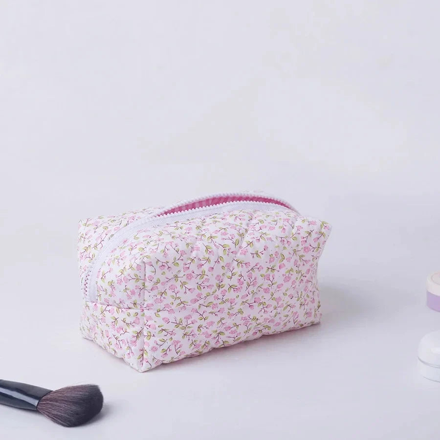 Floral Puffy Quilted Makeup Bag — Large Travel Cosmetic Organizer Pouch with Flower Print for Makeup Accessories