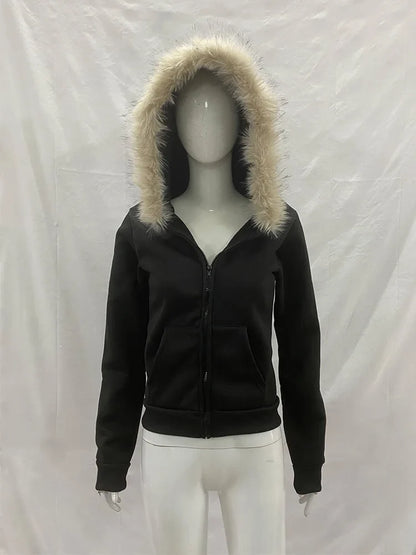Women’s Y2K Gothic Hoodie - Slim Suede Fur Collar Letter Print Streetwear Sweatshirt