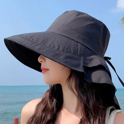 Stylish Women's Summer Sun Hat: Wide Brim UV Neck Protection Bucket Hat - Foldable Panama Cap for Beach, Travel, and Outdoor Adventures