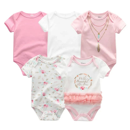 5PCS Newborn Baby Bodysuit Set - Soft Cotton Unisex Baby Clothes with Cartoon Print for Boys & Girls