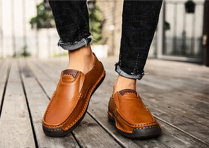 Handmade Leather Men’s Loafers – Casual Slip-On Flats, Comfortable Outdoor Walking Shoes