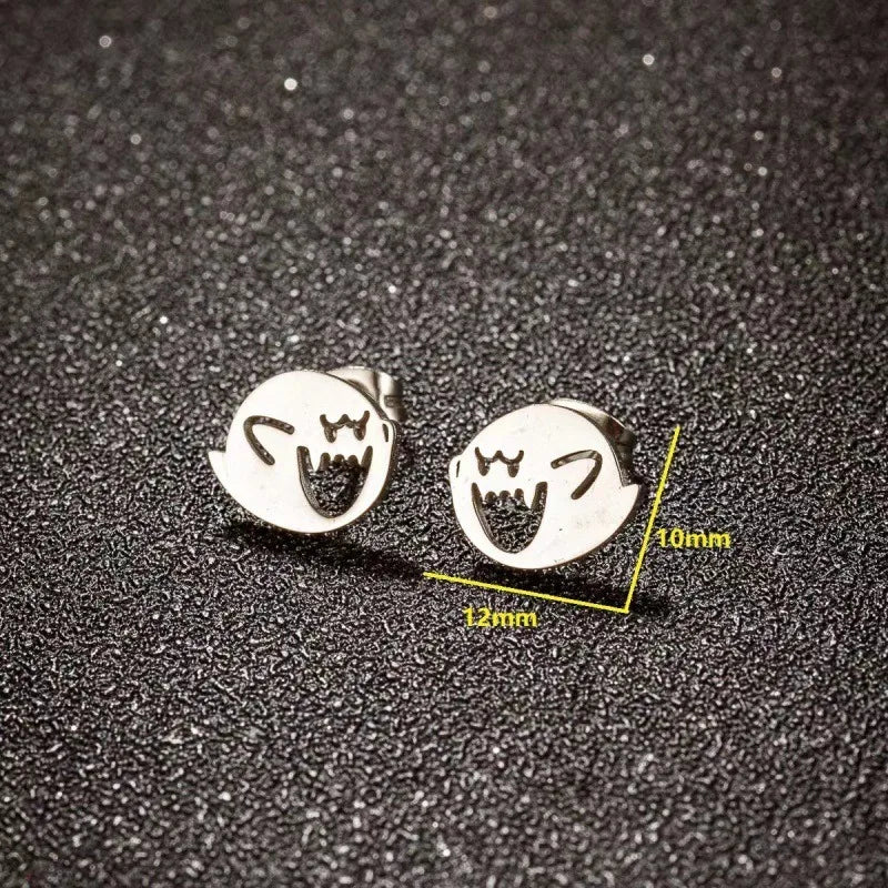 2pcs Stainless Steel Cute Cartoon Stud Earrings for Women - Silver, Black, Gold Minimalist Piercing Jewelry Gift