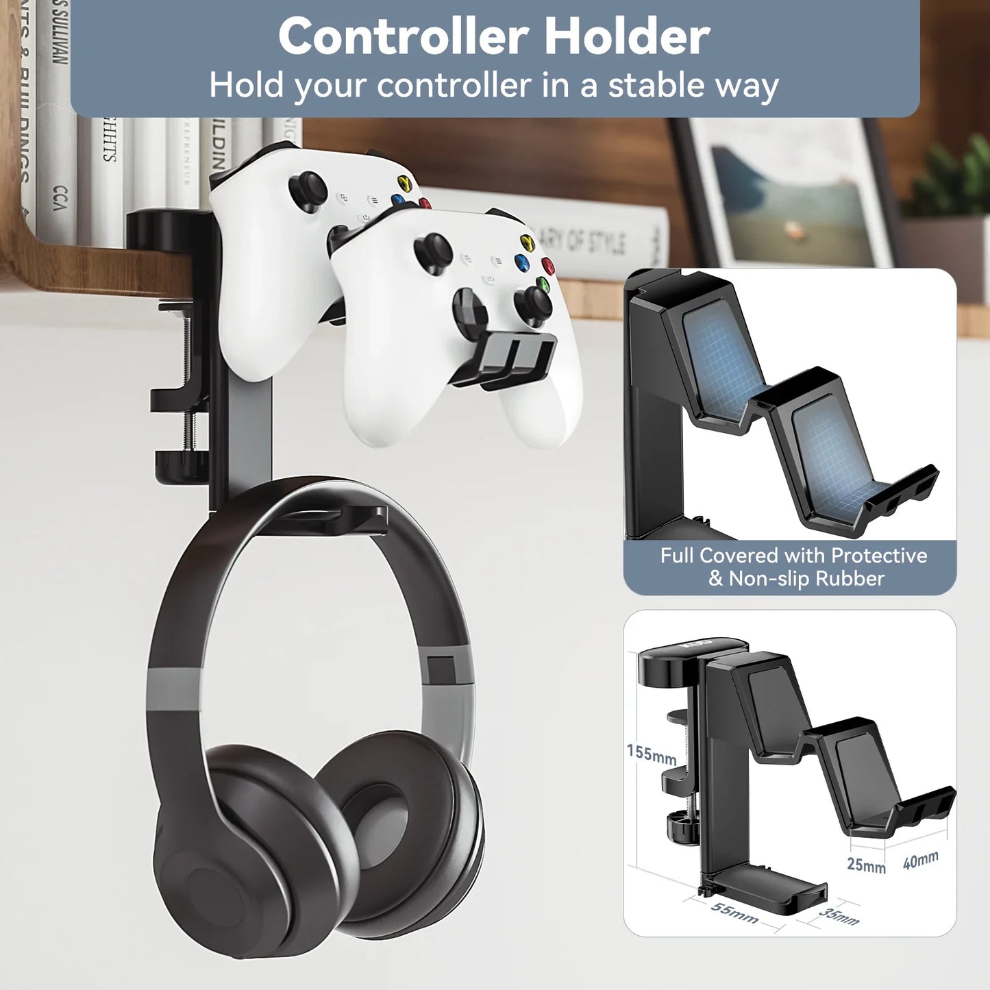 3-in-1 Rotatable Headphone Holder - Under Desk Clamp with Replaceable Cup Holder, Universal Controller and Headset Stand