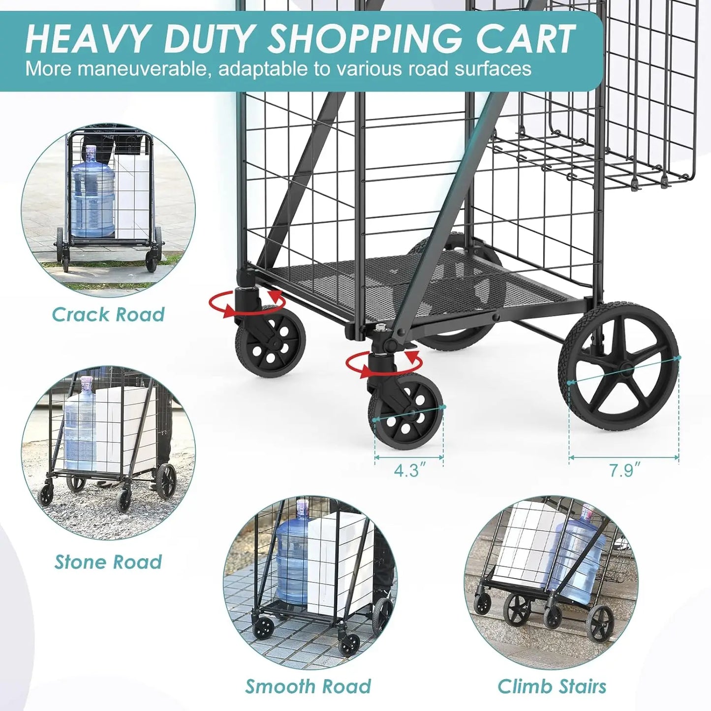 Extra Large Collapsible Grocery Cart on Wheels — Heavy Duty Shopping Cart with Baskets & Waterproof Liner