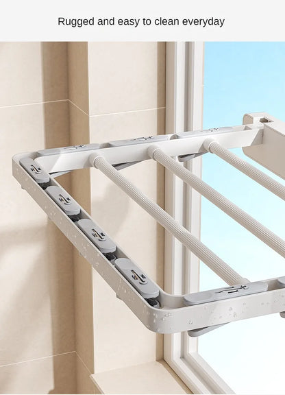 Wall-Mounted Folding Drying Rack with Windproof Sock Clips – Space-Saving Clothing Hanger for Household Laundry