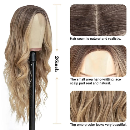 26-Inch Synthetic Ombre Blonde Wavy Wig for Women — Long Middle Part Curly Heat-Resistant Hair Fiber