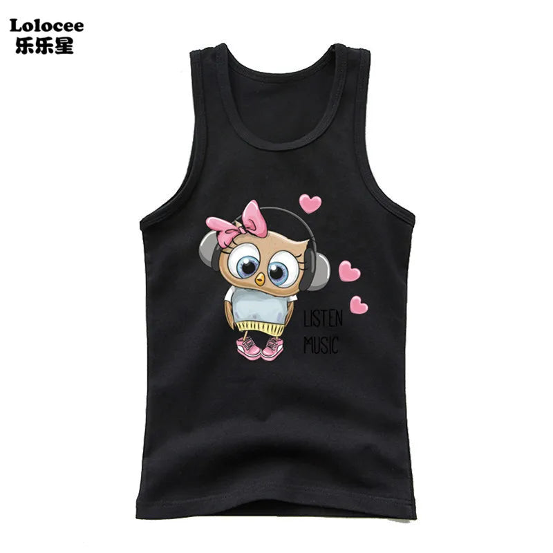 Girls Owl Print Tank Top - Sleeveless Cotton Sports Vest Shirt for Kids 3-14 Years