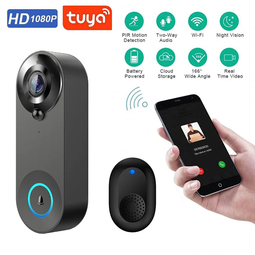 1080P Wireless Video Doorbell Camera – WiFi Smart Doorbell, Tuya Smart Home Security, Motion Detection, Night Vision, Intercom