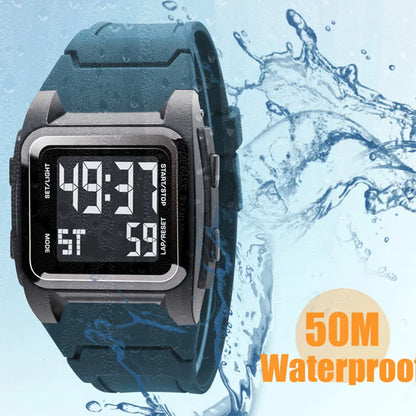 YIKAZE Men's Digital Watch – 50M Waterproof, Retro Multifunction Military Alarm Clock, LED Wristwatch for Sports and Gifts