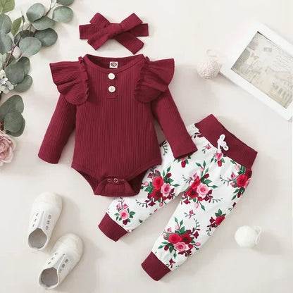 Newborn Baby Girls Clothes Set – Pink Ruffle Top & Heart Print Bow Trousers, Princess Casual Outfit for Infants