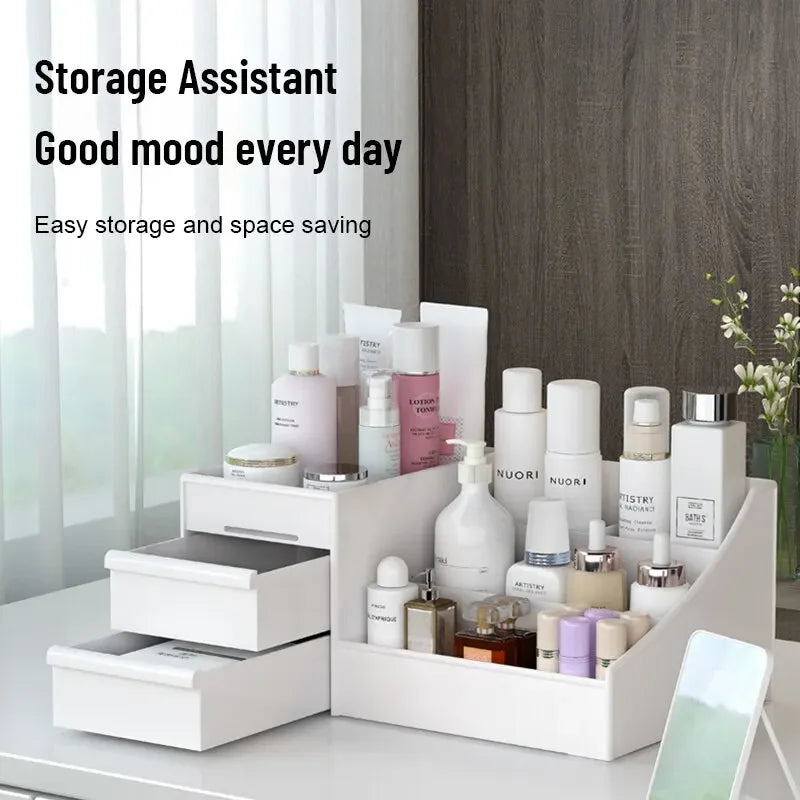 White New Drawer Makeup Storage Box – Plastic Dormitory & Desktop Organizer for Cosmetics & Skin Care – Dressing Table Storage Solution