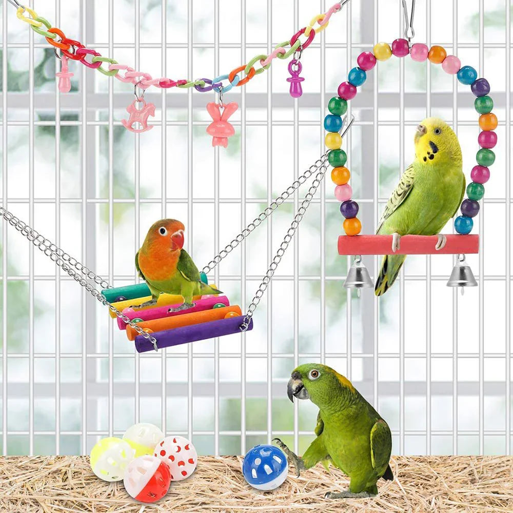 11-Piece Parrot Bird Cage Toy Set - Reliable Chewable Wooden Toys for Parrots, Including Swings, Bridges, Beads, and Shapes
