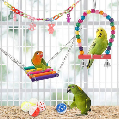 11-Piece Parrot Bird Cage Toy Set - Reliable Chewable Wooden Toys for Parrots, Including Swings, Bridges, Beads, and Shapes