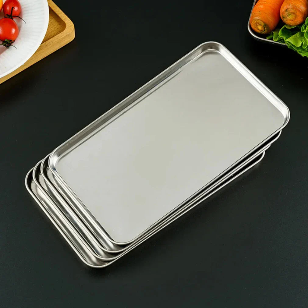 Stainless Steel Rectangle Serving Tray – Buffet Food Plate & Storage Organizer for Home, Rice, Noodles & Kitchen Use