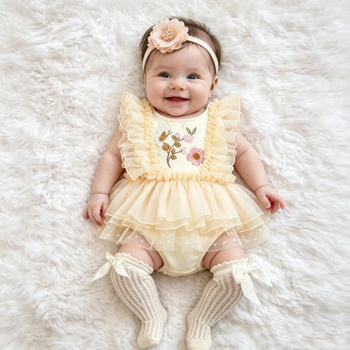Newborn Baby Girl Floral Tutu Romper Set - Butterfly Embroidery Bodysuit with Flower Headband