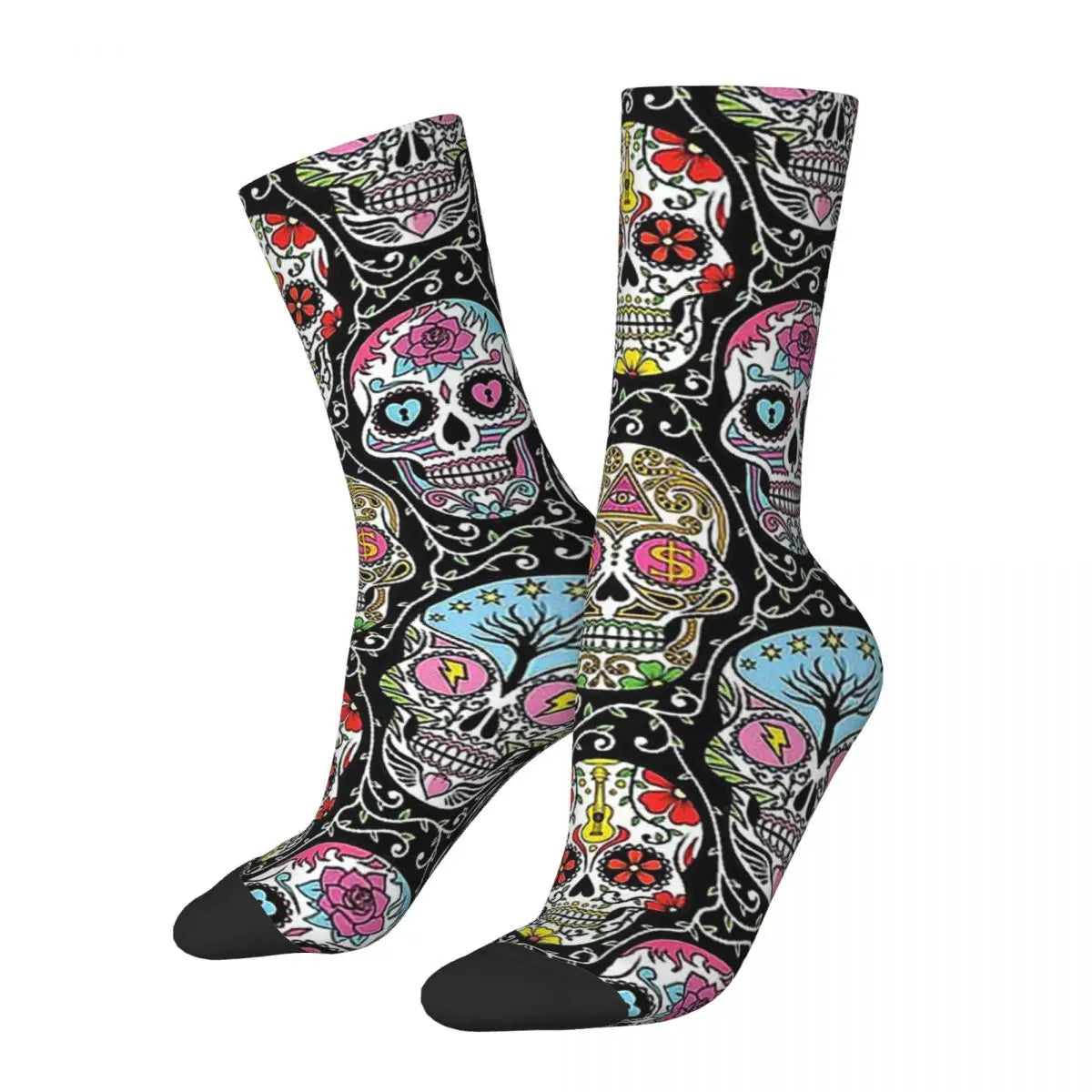 Funny Men’s Socks – Mexican Skull Vintage Harajuku Skeleton Hip Hop Crew Socks with Printed Pattern