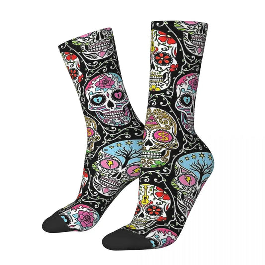 Funny Men’s Socks – Mexican Skull Vintage Harajuku Skeleton Hip Hop Crew Socks with Printed Pattern