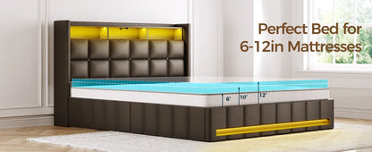 Twin Size Bed Frame with Lift-Up Storage – Charging Station, LED Lights & Upholstered Headboard, Heavy Duty Wooden Slats