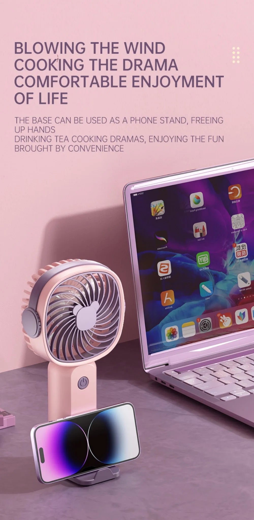 Portable Mini USB Fan – Handheld & Desktop Fan with Phone Holder, 3-Speed Adjustable Wind, Long Battery Life, Multi-Function Cooling Fan