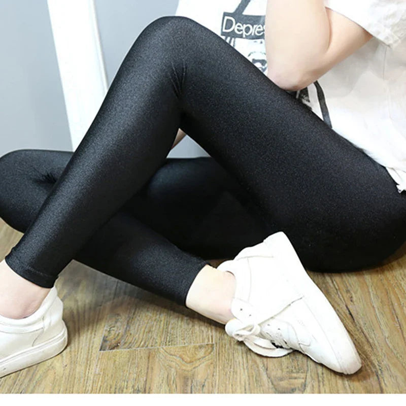 Women’s Shiny Black Leggings – High-Waist, Push-Up Slim Fit, Stretchy Soft Autumn Pants, Large Size Available
