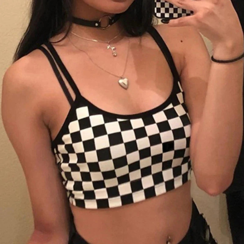 Women's Black Red Plaid Checkerboard Halter Crop Top – Sleeveless Bare Midriff Cami Tank