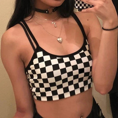 Women's Black Red Plaid Checkerboard Halter Crop Top – Sleeveless Bare Midriff Cami Tank