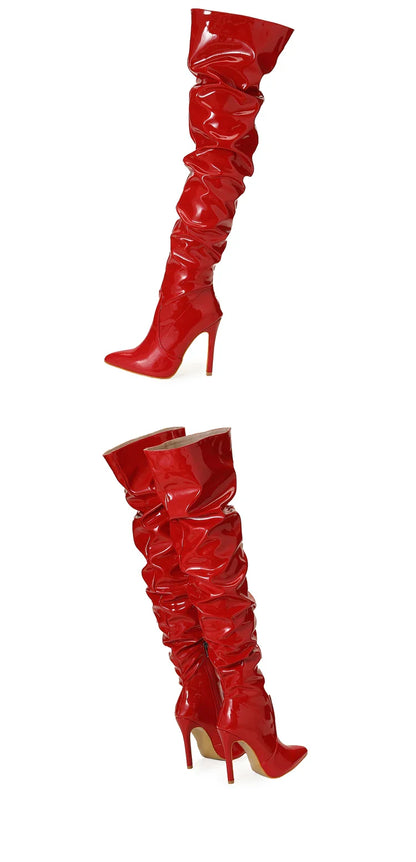 Eilyken Red Over-the-Knee Stiletto Boots for Women – Patent Leather Pointed Toe High Heel Zip-Up Shoes