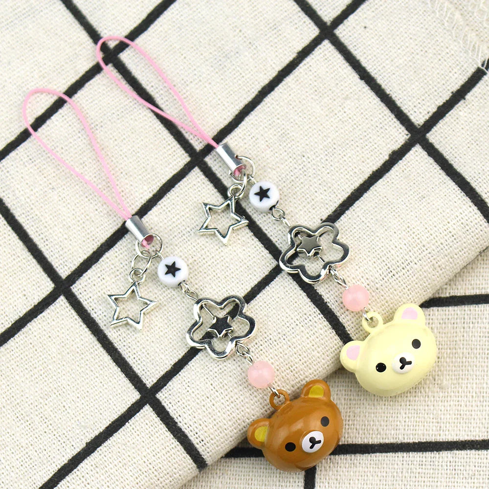Cute Rilakkuma Bear Bell Phone Charm – Y2K Handmade Star Hanging Chain, Kawaii Beaded Mobile Pendant, Keychain & Cardbook Decoration