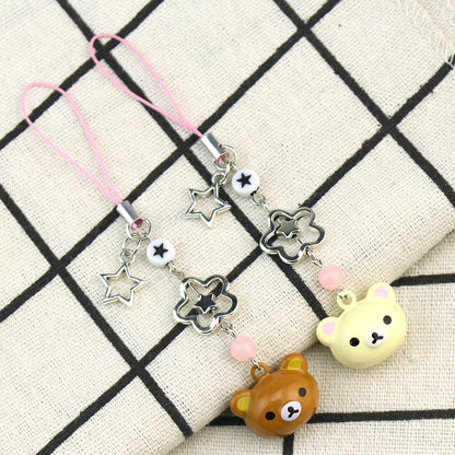 Cute Rilakkuma Bear Bell Phone Charm – Y2K Handmade Star Hanging Chain, Kawaii Beaded Mobile Pendant, Keychain & Cardbook Decoration