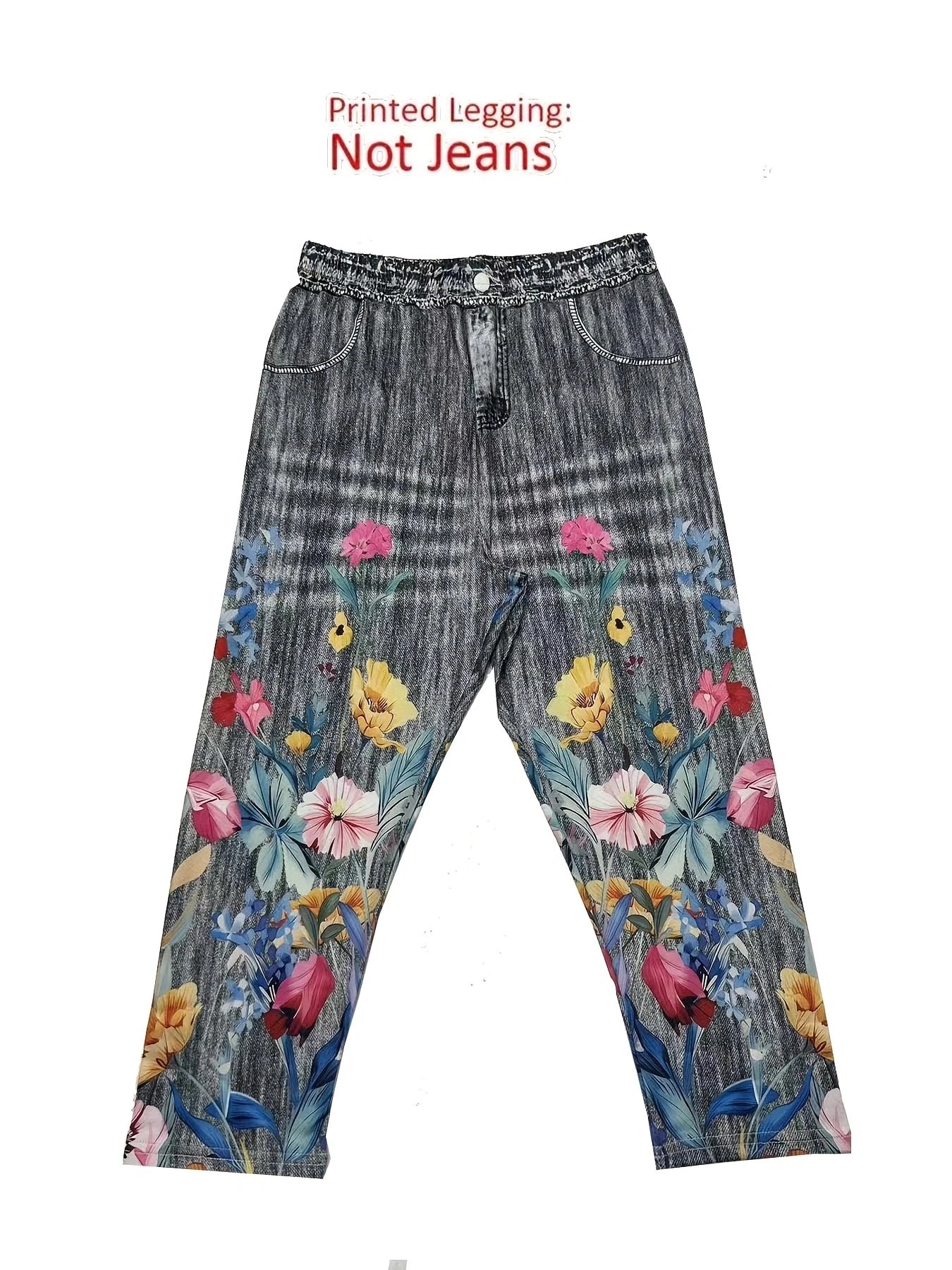Women's Floral Print Capri Leggings - High-Stretch Faux Denim Slim-Fit Cropped Pants