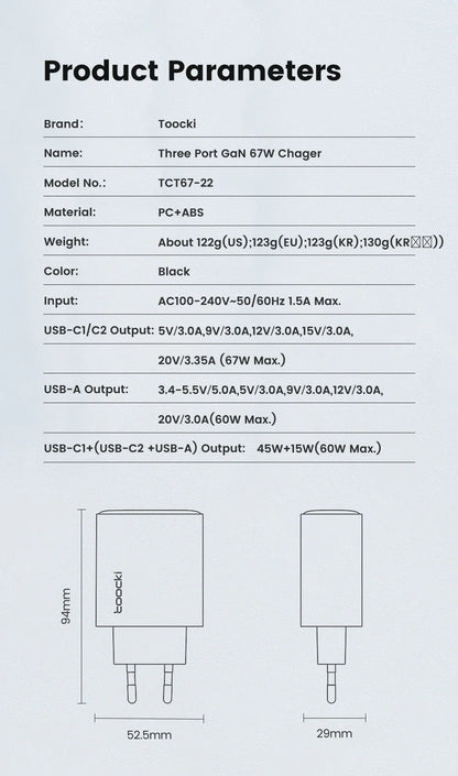 Toocki 67W GaN USB-C Charger — Digital Display Quick Charge PD PPS QC4.0 for MacBook, Laptop, iPad, iPhone 15/14