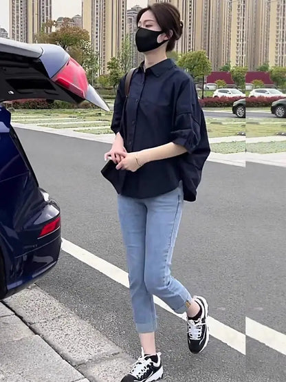 2025 Women’s Cotton Mid-Sleeve Loose Blouse – Casual Irregular Summer Shirt Korean Fashion