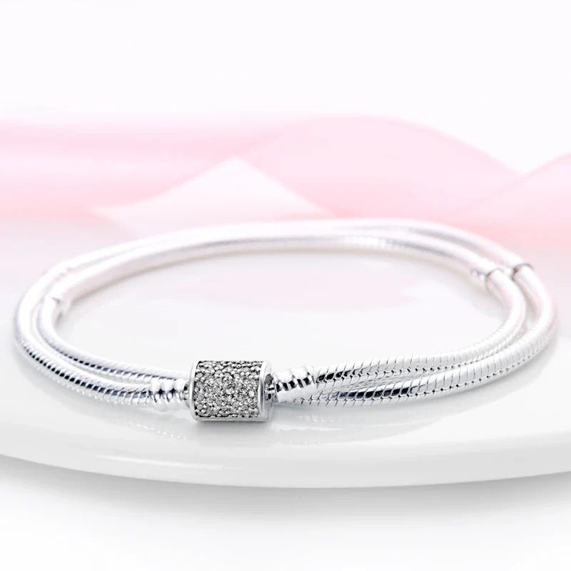 New 925 Sterling Silver Snake Chain Charm Bracelet – Fits Original 925 Pendant Charms & Beads, Heart Bracelet Jewelry for Women