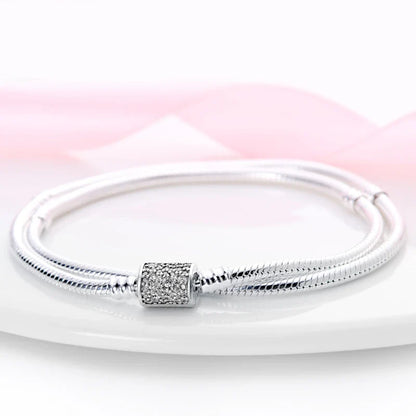 New 925 Sterling Silver Snake Chain Charm Bracelet – Fits Original 925 Pendant Charms & Beads, Heart Bracelet Jewelry for Women