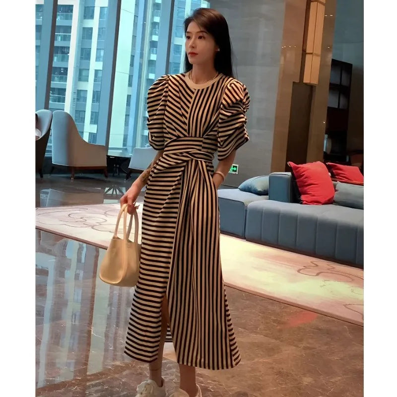 Women’s Summer French Striped Dress – Puff Sleeve Slim Waist Casual Runway Vestidos Robe