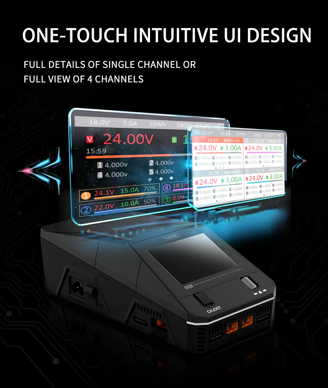 ToolkitRC Q6AC Charger AC 400W/DC 1000W 4-Channel with 65W USB & 15W Wireless Charging for LiPo NiMH PB Batteries