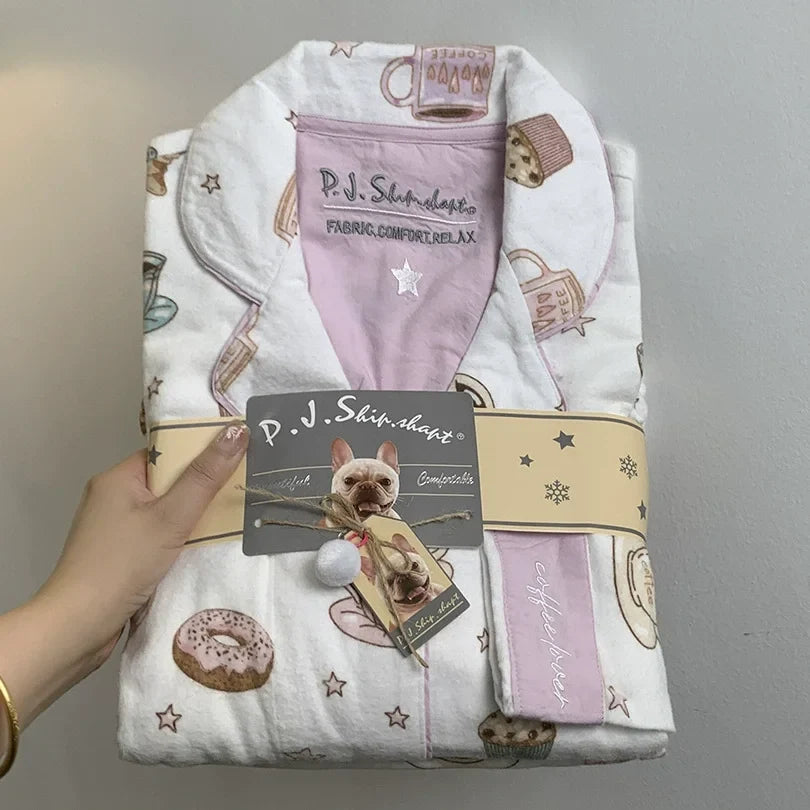 Women's Winter Cartoon Pajama Set - Warm Cotton Wool Sleepwear Long Sleeve Homewear