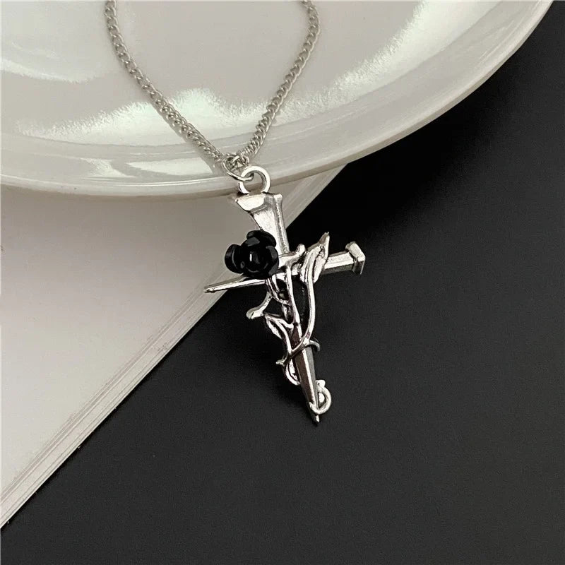 Punk Gothic Big Cross Pendant Necklace – Irregular Clavicle Chain Aesthetic Jewelry for Women & Men