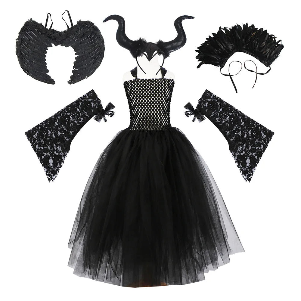 Girls’ Evil Queen Tutu Dress - Handmade Black Mesh Princess Halloween Cosplay Costume