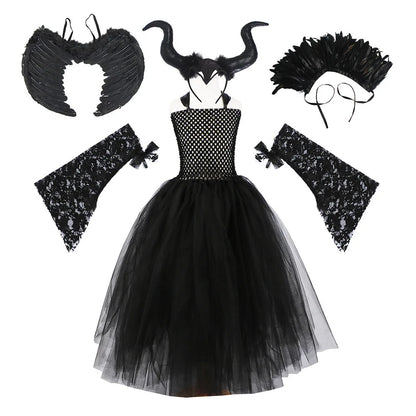 Girls’ Evil Queen Tutu Dress - Handmade Black Mesh Princess Halloween Cosplay Costume