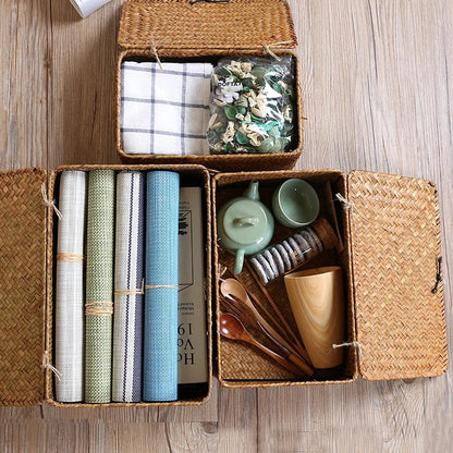 Hand-Woven Seaweed Storage Basket with Lid - Multi-Purpose Sundries Organizer, Cosmetic, Toy, and Clothes Container