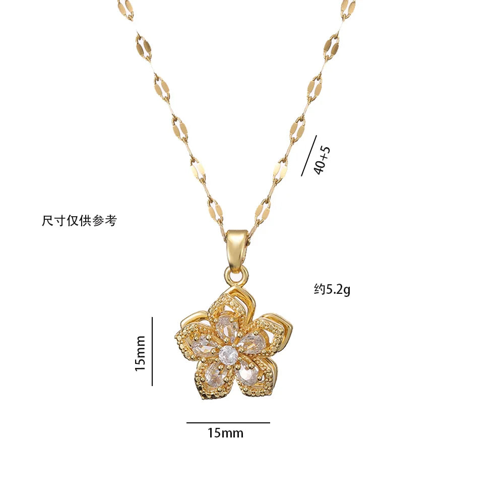 Light Luxury Gold Zircon Flower Pendant Necklace for Women – Elegant Spin Design High-End Party Jewelry Gift Chain Necklace