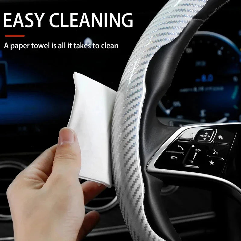 2/3PCS Universal Car Steering Wheel Cover — Laser Carbon Fiber, Silicone & 1K Microfiber Leather, Non-Slip PVC Booster