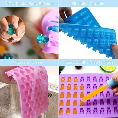 Gummy Bear Silicone Molds - Mini Chocolate Candy Molds with Droppers Food Grade Nonstick Baking Set of 4