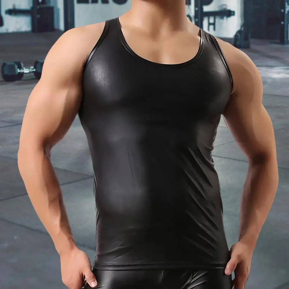 Men's Faux Leather Club Vest - Slim Fit Sleeveless Solid Color Tank Top Smooth Surface Casual T-Shirt