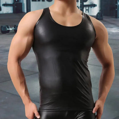 Men's Faux Leather Club Vest - Slim Fit Sleeveless Solid Color Tank Top Smooth Surface Casual T-Shirt