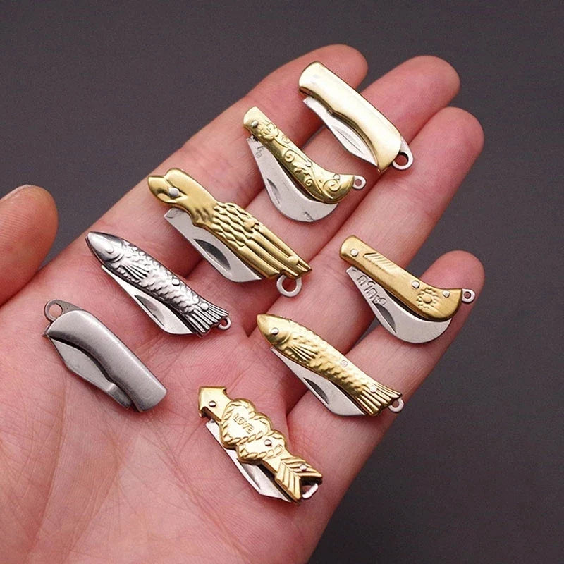 Mini Brass Knife Keychain - Stainless Steel Folding Cleaver Pendant Pocket Tool