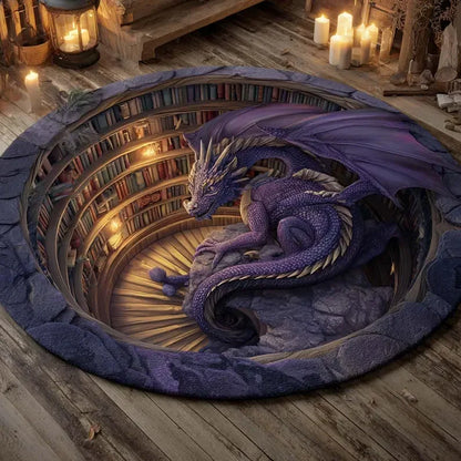 3D Fantasy Dragon Round Rug – Mystic Gothic Illusion Floor Carpet, Library Dragon Hole Design Home Decor Area Mat