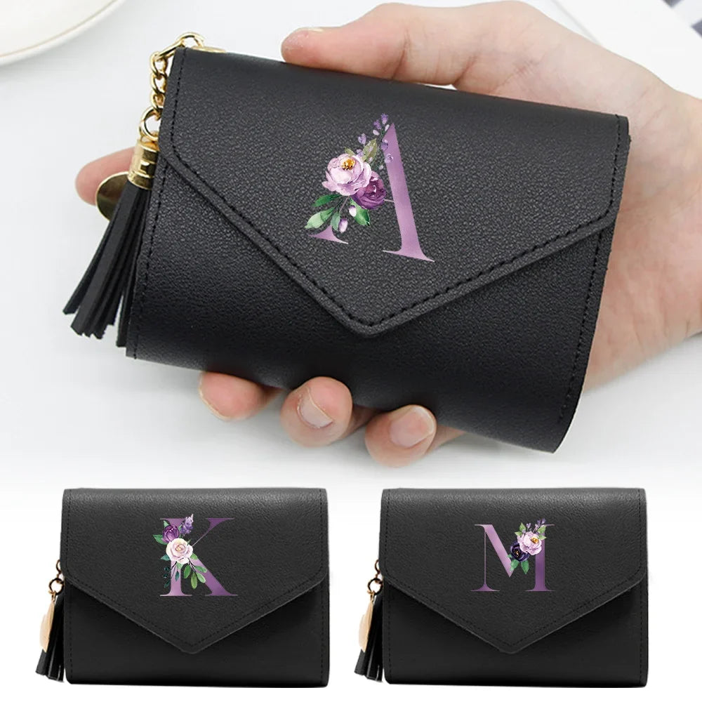 Women's RFID Leather Wallet - Compact Luxury Mini Purse With ID Window, Purple Letter Pattern & Card Holder Design